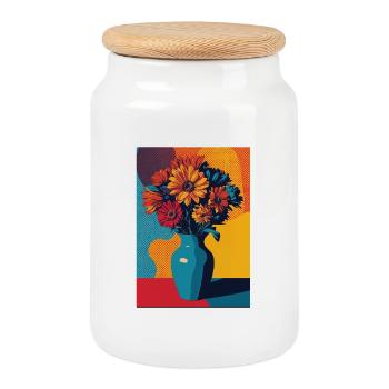 Bouquet of Pop Art Flowers - Cookie Jar with Wooden Lid - white - Front