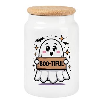 Cute Ghost Halloween Print - Cookie Jar with Wooden Lid - white - Front