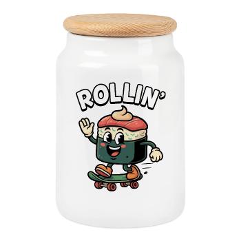 Funny sushi on skateboard - Cookie Jar with Wooden Lid - white - Front