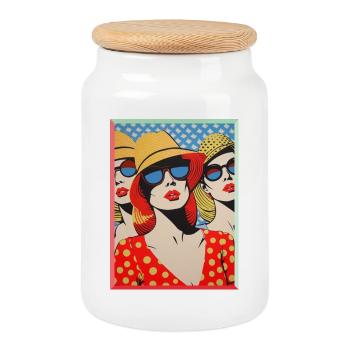 Drei Pop Art Damen mit Sonnenhüten Urlaub Sonne - Keksdose mit Holzdeckel - Weiß - Vorne