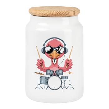 Flamingo Drummer With Headphones - Cookie Jar with Wooden Lid - white - Front