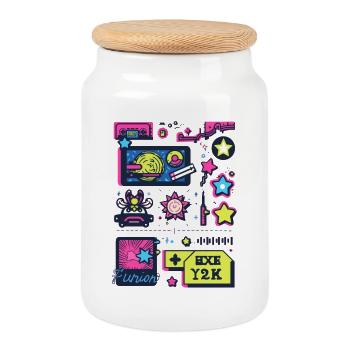 Neon Space Adventure 1990s Y2K - Cookie Jar with Wooden Lid - white - Front