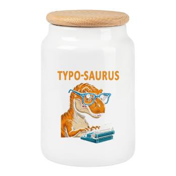 Typo-Saurus avec lunettes et machine à écrire - Boîte à biscuits avec couvercle en bois - blanc - Devant