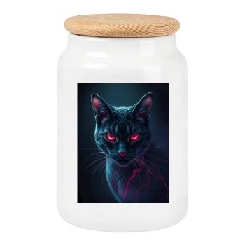 red eye cat - Cookie Jar with Wooden Lid - white - Front