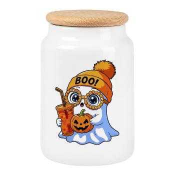 Little Halloween Ghost with Pumpkin Party Costume - Cookie Jar with Wooden Lid - white - Front