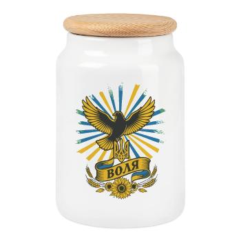 Ukraine Freedom Crest Dove Sunflowers - Cookie Jar with Wooden Lid - white - Front