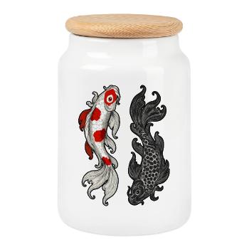 Dessin de poisson koï | Énergie spirituelle 6KUHD - Boîte à biscuits avec couvercle en bois - blanc - Devant
