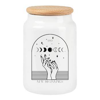 999 Fine Line Hands & Moons – New Beginnings - Cookie Jar with Wooden Lid - white - Front