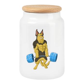 German Shepherd Weightlifting - Cookie Jar with Wooden Lid - white - Front