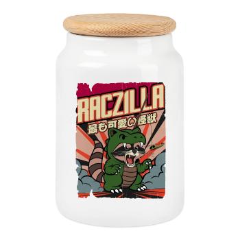 Raczilla - raton laveur déguisé en monstre - Boîte à biscuits avec couvercle en bois - blanc - Devant