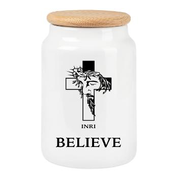 Believe – Modern Cross with Jesus - Cookie Jar with Wooden Lid - white - Front