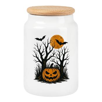 Halloween Pumpkin Spooky - Cookie Jar with Wooden Lid - white - Front