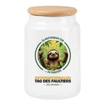 October 20 – International Sloth Day - Cookie Jar with Wooden Lid - white - Front