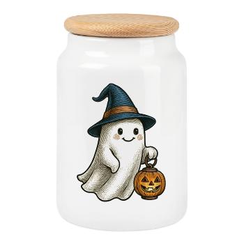 Süßes Halloweengespenst für Kinder - Keksdose mit Holzdeckel - Weiß - Vorne