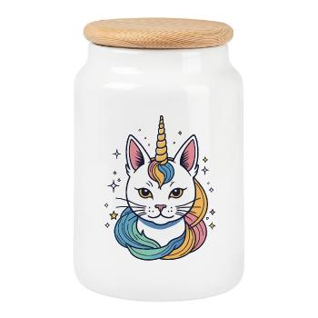 Chat Licorne Arc-en-Ciel - Boîte à biscuits avec couvercle en bois - blanc - Devant