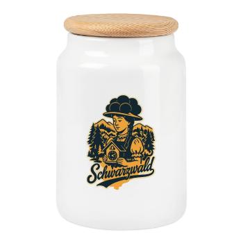 Schwarzwald Mädchen mit  Bollenhut und Kuckucksuhr - Keksdose mit Holzdeckel - Weiß - Vorne