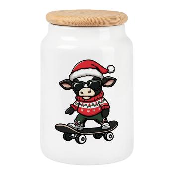 Cow Christmas Funny - Cookie Jar with Wooden Lid - white - Front