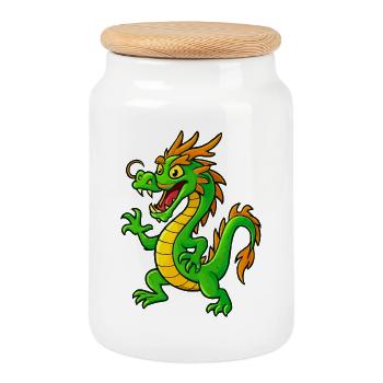 Dragon de dessin animé vert avec des pointes orange - Boîte à biscuits avec couvercle en bois - blanc - Devant