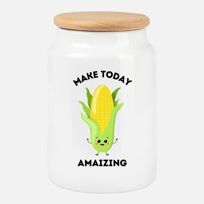 Mignon jeu de mots maïs dessin animé « Make Today Amaizing » - Boîte à biscuits avec couvercle en bois - blanc
