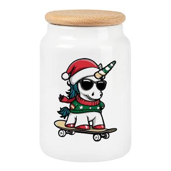 Unicorn Christmas Funny - Cookie Jar with Wooden Lid - white - Front