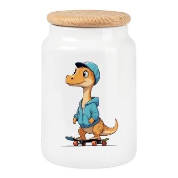Dino Skater Hoodie Design - Keksdose mit Holzdeckel - Weiß - Vorne