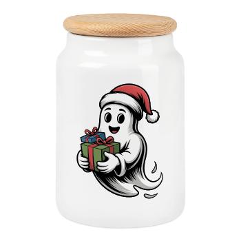 Christmas spirit with gift - Cookie Jar with Wooden Lid - white - Front