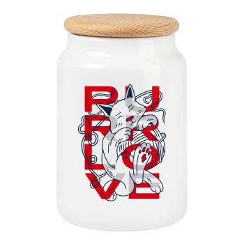 Chat d’amour ronronnant avec boule de laine - Boîte à biscuits avec couvercle en bois - blanc - Devant