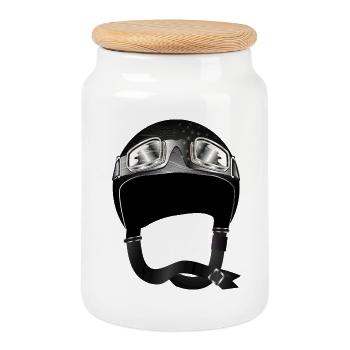 Retro Motorcycle Helmet with Goggles in Black - Cookie Jar with Wooden Lid - white - Front