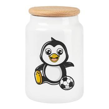 Penguin player with soccer ball - Cookie Jar with Wooden Lid - white - Front