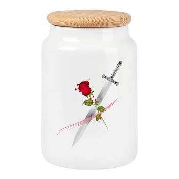 Sword with Rose – Symbolic Power and Elegance - Cookie Jar with Wooden Lid - white - Front