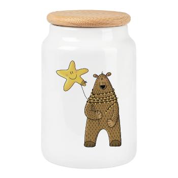 Ours avec étoile et guirlandes lumineuses - Boîte à biscuits avec couvercle en bois - blanc - Devant