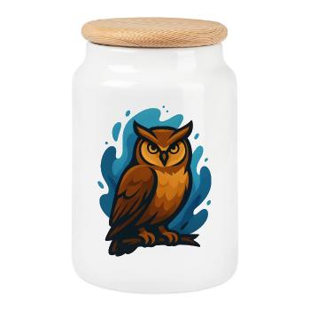 Brown owl against blue waves - Cookie Jar with Wooden Lid - white - Front