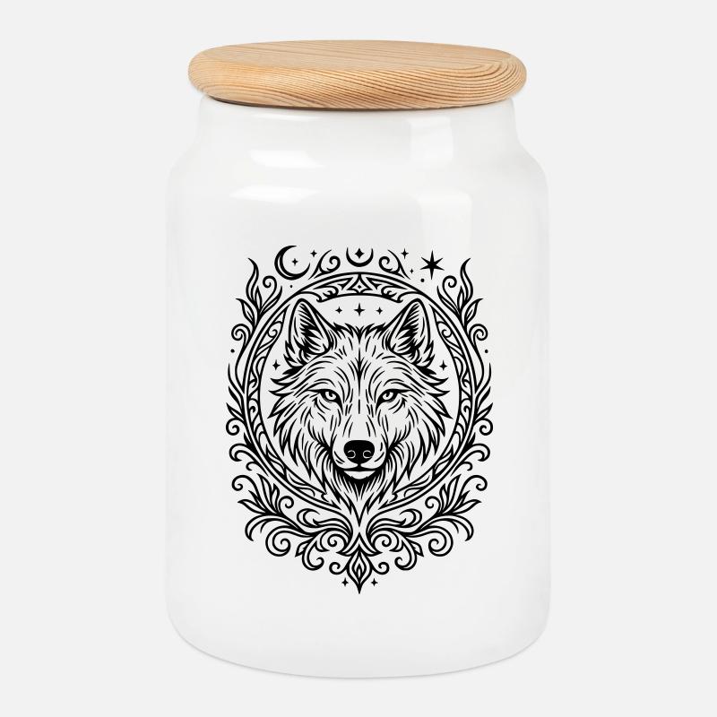 Wolf's Head - Cookie Jar with Wooden Lid - white