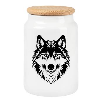 Wolfskopf-Kunst – Tête de Loup - Keksdose mit Holzdeckel - Weiß - Vorne