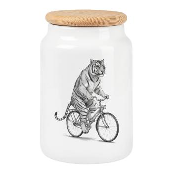 Rider de tigre sur un vélo vintage - Boîte à biscuits avec couvercle en bois - blanc - Devant