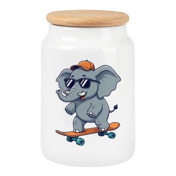 Funny Elephnat Skating on Skateboard Cartoon Skate - Cookie Jar with Wooden Lid - white - Front