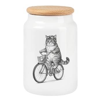 Cycliste chat avec des lunettes - Boîte à biscuits avec couvercle en bois - blanc - Devant