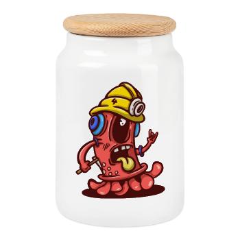 Worker Monster with Yellow Helmet - Cookie Jar with Wooden Lid - white - Front