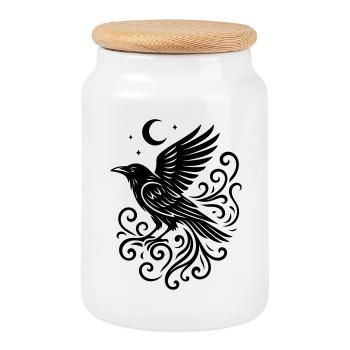 Rauhnächte Raven with Moon and Stars - Cookie Jar with Wooden Lid - white - Front