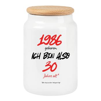 1986 geboren – immer noch 30, 40. Geburtstag - Keksdose mit Holzdeckel - Weiß - Vorne