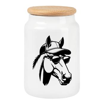 Pferdekopf mit Sonnenbrille und Baseballcap - Keksdose mit Holzdeckel - Weiß - Vorne