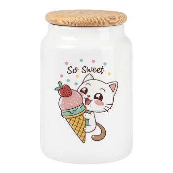 Chaton gourmand et glace pastel - Cookie Jar with Wooden Lid - white - Front
