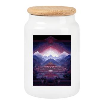 Psy Art - Pagode in Berglandschaft - Keksdose mit Holzdeckel - Weiß - Vorne