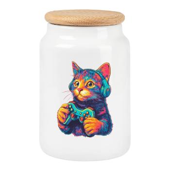 Joueur de chat drôle - Boîte à biscuits avec couvercle en bois - blanc - Devant