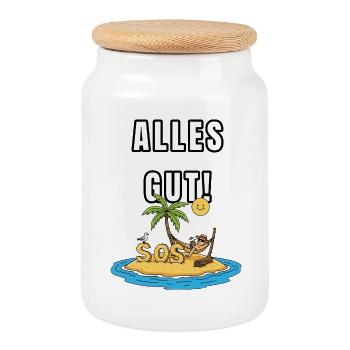 Tout va bien – motif ironique de l’île - Boîte à biscuits avec couvercle en bois - blanc - Devant