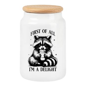 First of all I'm a delight Raccoon Trash Panda - Cookie Jar with Wooden Lid - white - Front