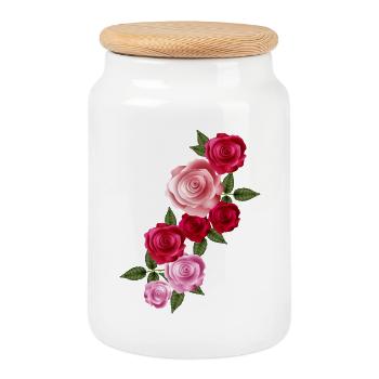 Bright Rose Garland of Red and Pink Roses - Cookie Jar with Wooden Lid - white - Front
