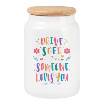 Conduis prudemment, quelqu’un t’aime - Boîte à biscuits avec couvercle en bois - blanc - Devant