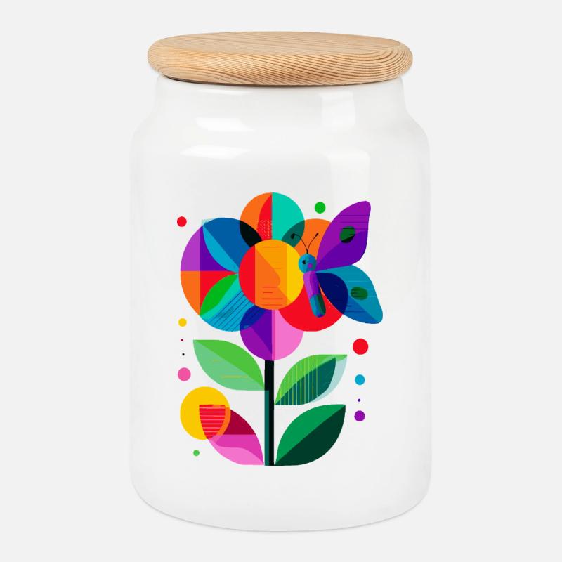 Fleur colorée et stylisée avec papillon - Boîte à biscuits avec couvercle en bois - blanc
