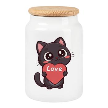 Schwarze Katze mit Herz-Liebe - Keksdose mit Holzdeckel - Weiß - Vorne